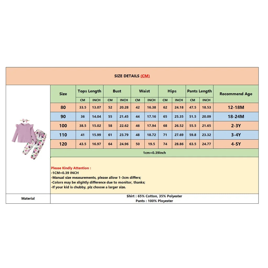 طقم ملابس بناتي بأكمام طويلة من عمر 1 إلى 5 سنوات، قميص مضلع بلون سادة + بنطلون مزهر + عصابة رأس، طقم خريفي مكون من 3 قطع لفتاة صغيرة