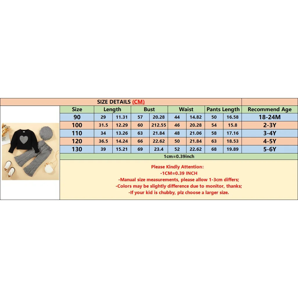 مجموعة ملابس للبنات الصغار من عمر 1 إلى 6 سنوات على الطراز الكوري، بلوزة بأكمام طويلة وطبعة قلب حب وبنطلون منقوش مع قبعة، طقم أزياء مكون من 3 قطع